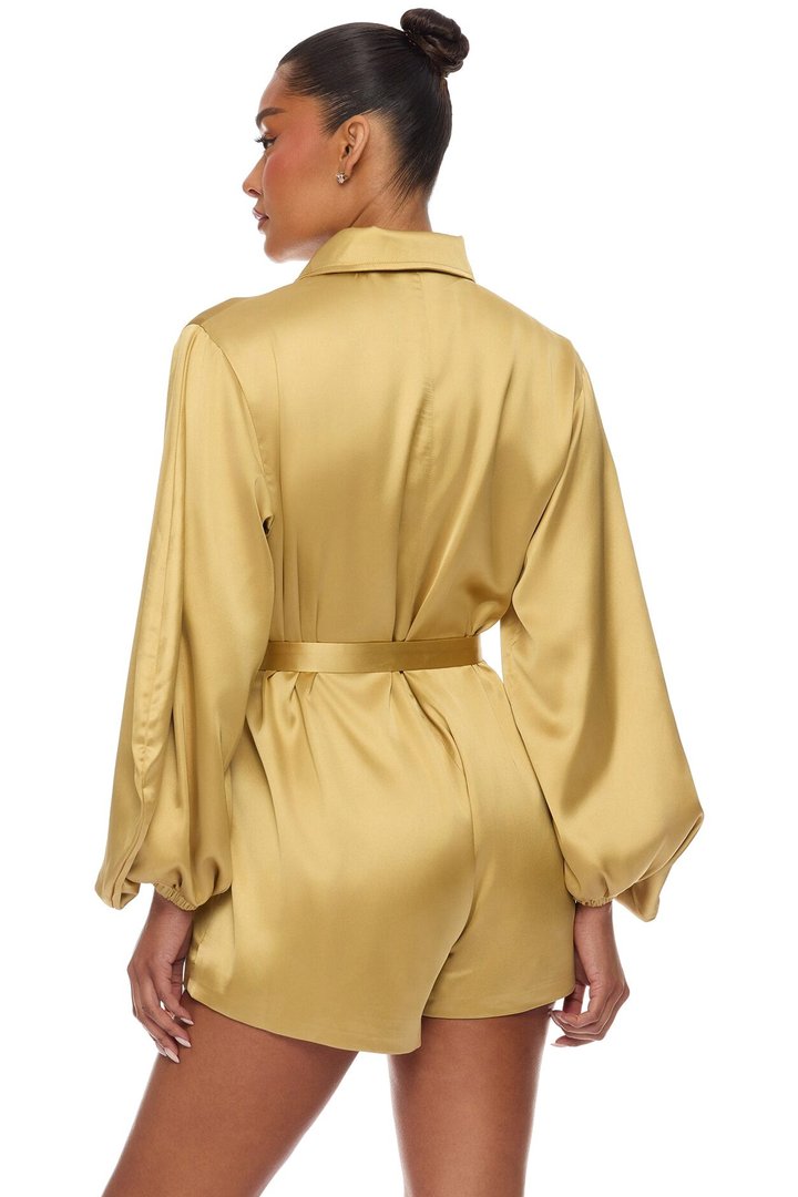 Izabel Balloon Sleeve Satin Romper - Gold