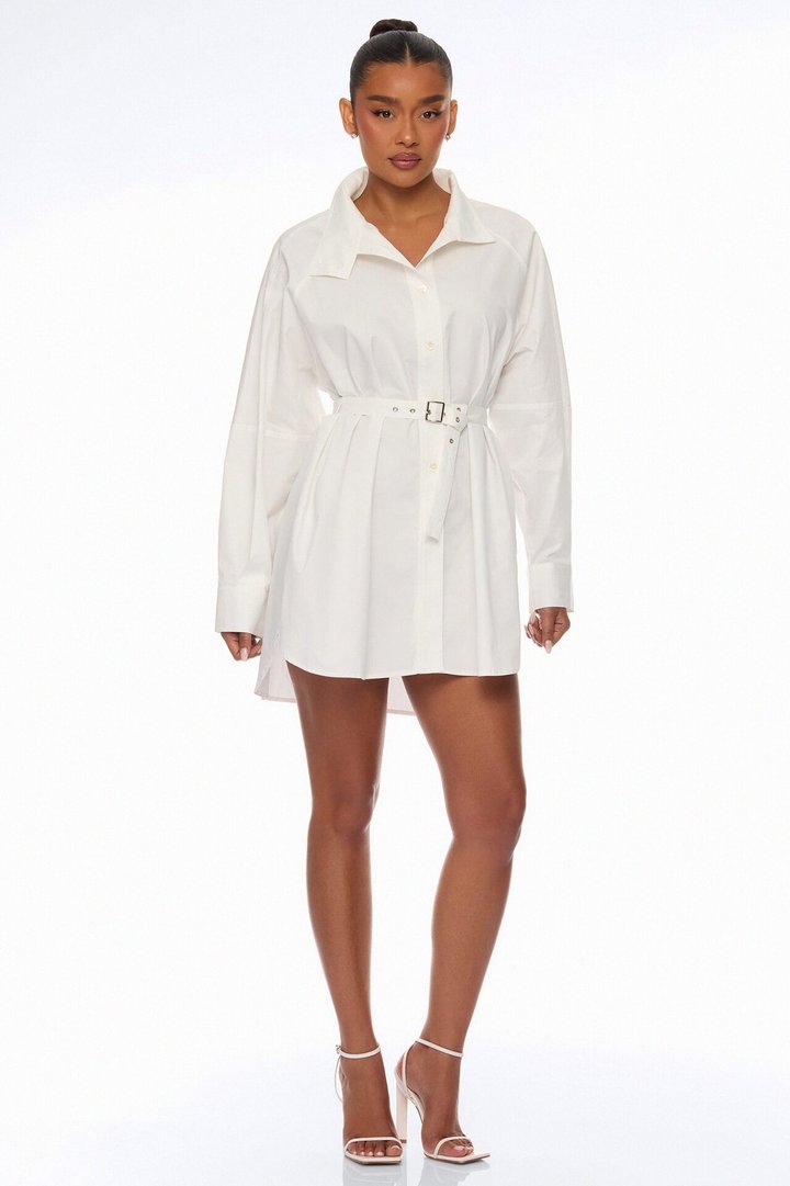 Ysabelle Belted Mini Shirt Dress - White
