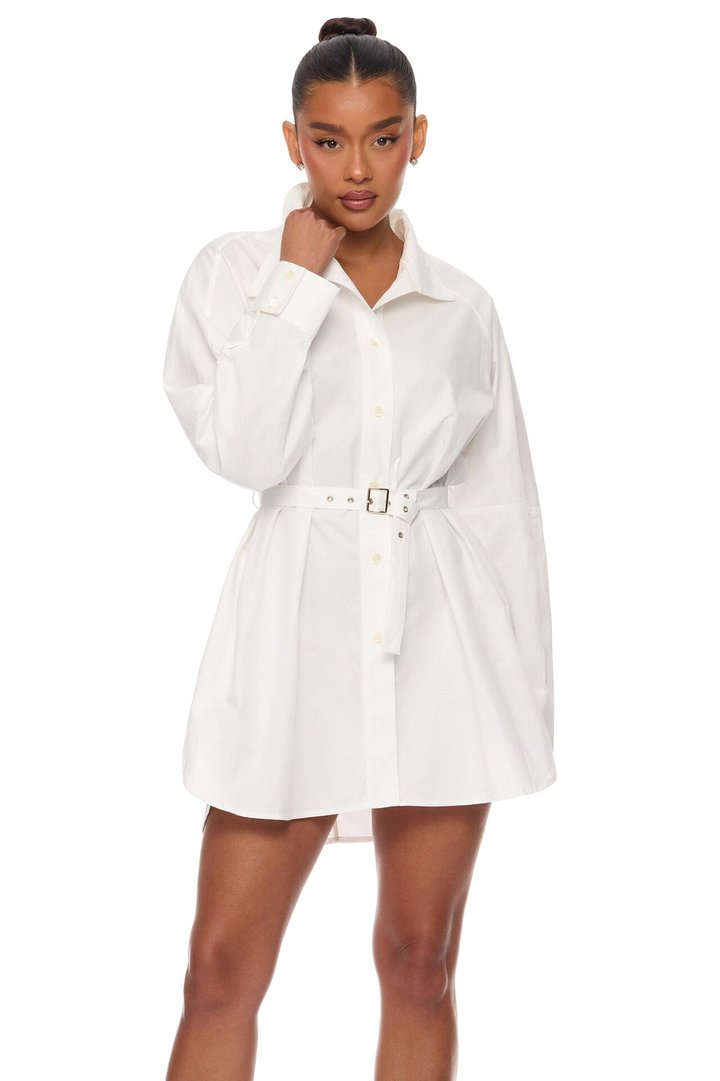 Ysabelle Belted Mini Shirt Dress - White