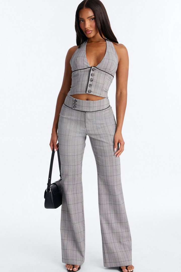 In The Office Plaid Halter Top Pant Set - Black/White