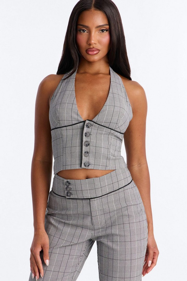 In The Office Plaid Halter Top Pant Set - Black/White