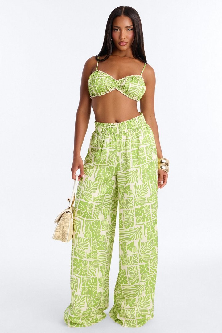 Hot Tropic Satin Bra Top And Pant Set - Green/combo