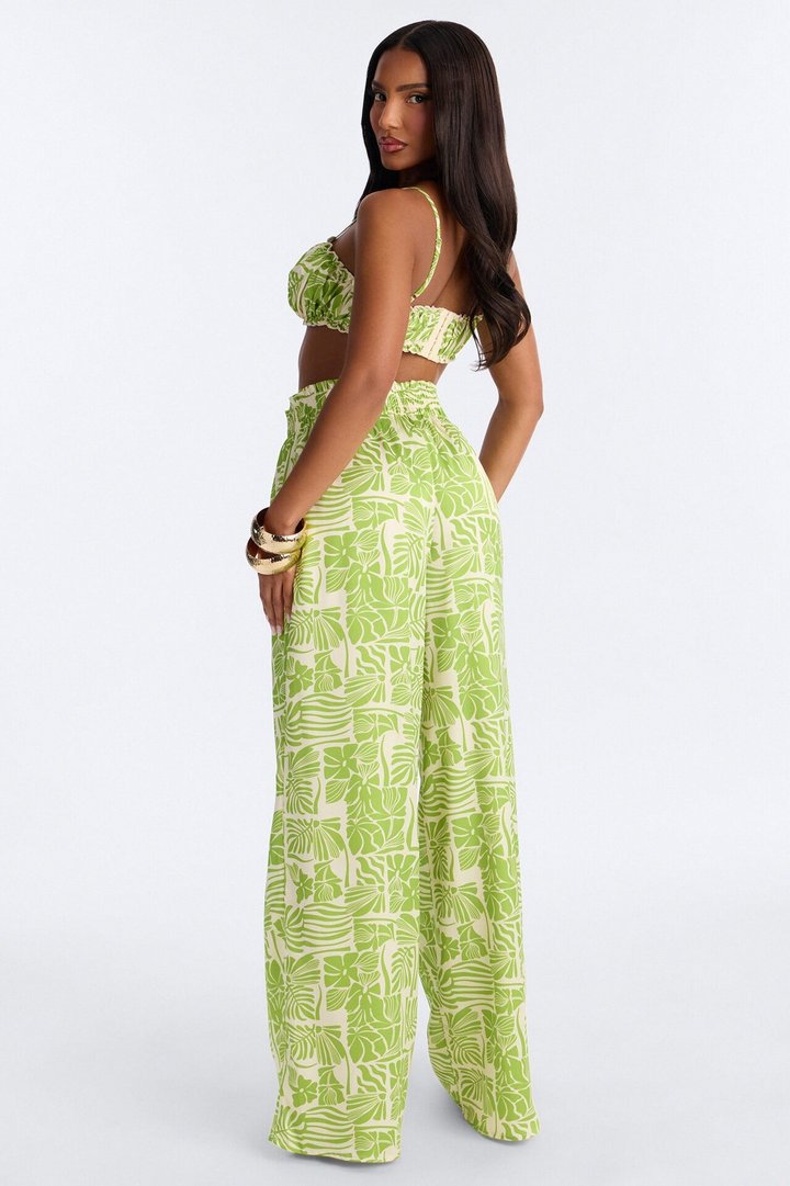 Hot Tropic Satin Bra Top And Pant Set - Green/combo