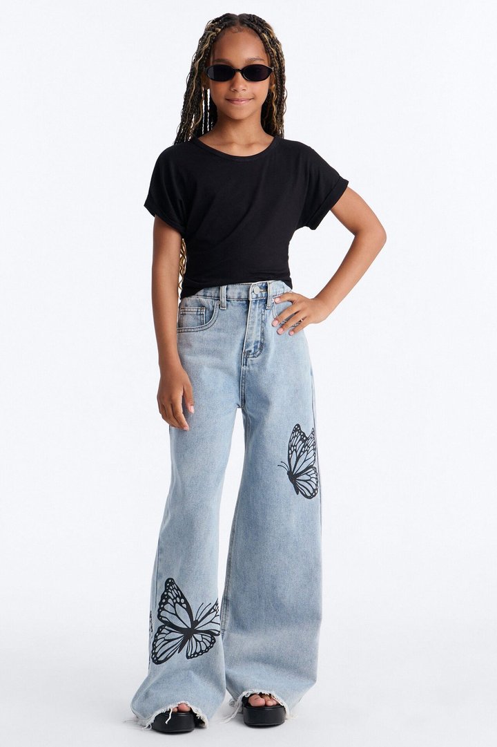 Mini Beautiful Butterflies Wide Leg Jeans - Light Wash