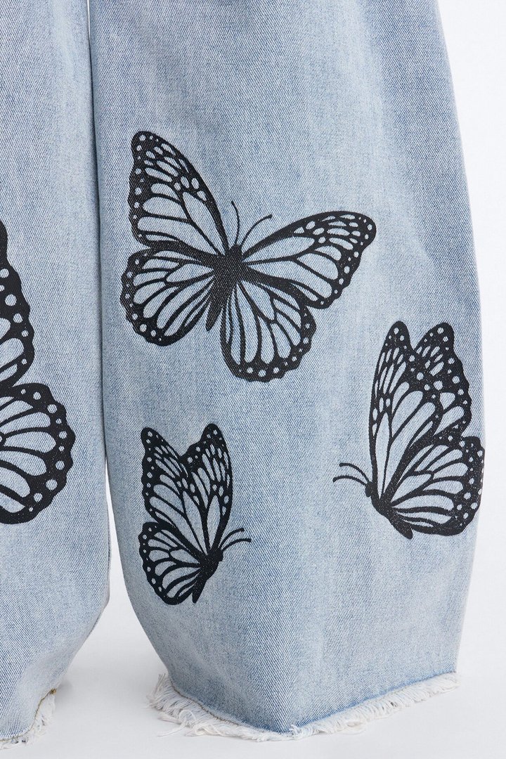 Mini Beautiful Butterflies Wide Leg Jeans - Light Wash