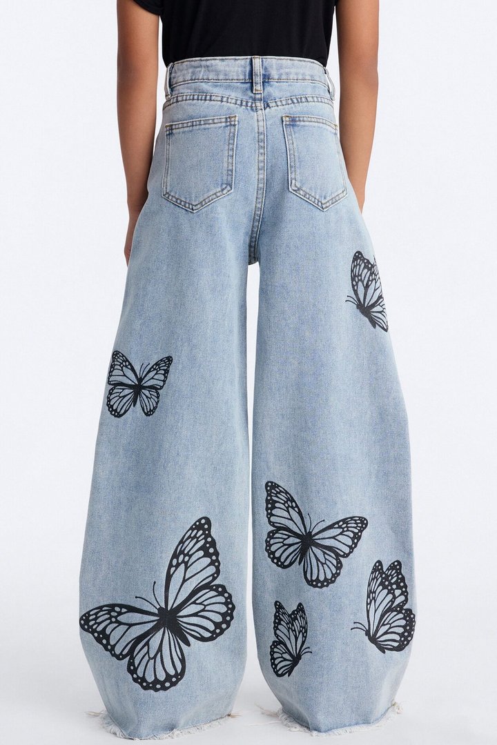 Mini Beautiful Butterflies Wide Leg Jeans - Light Wash