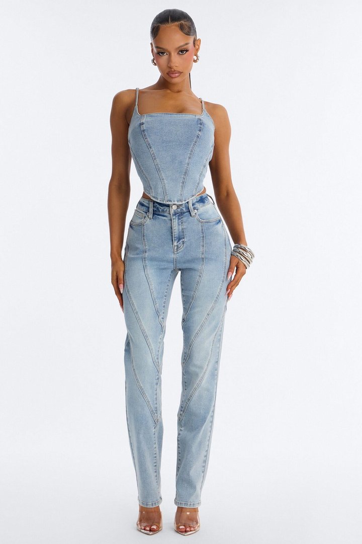Metro Muse Denim Pant Set - Light Wash