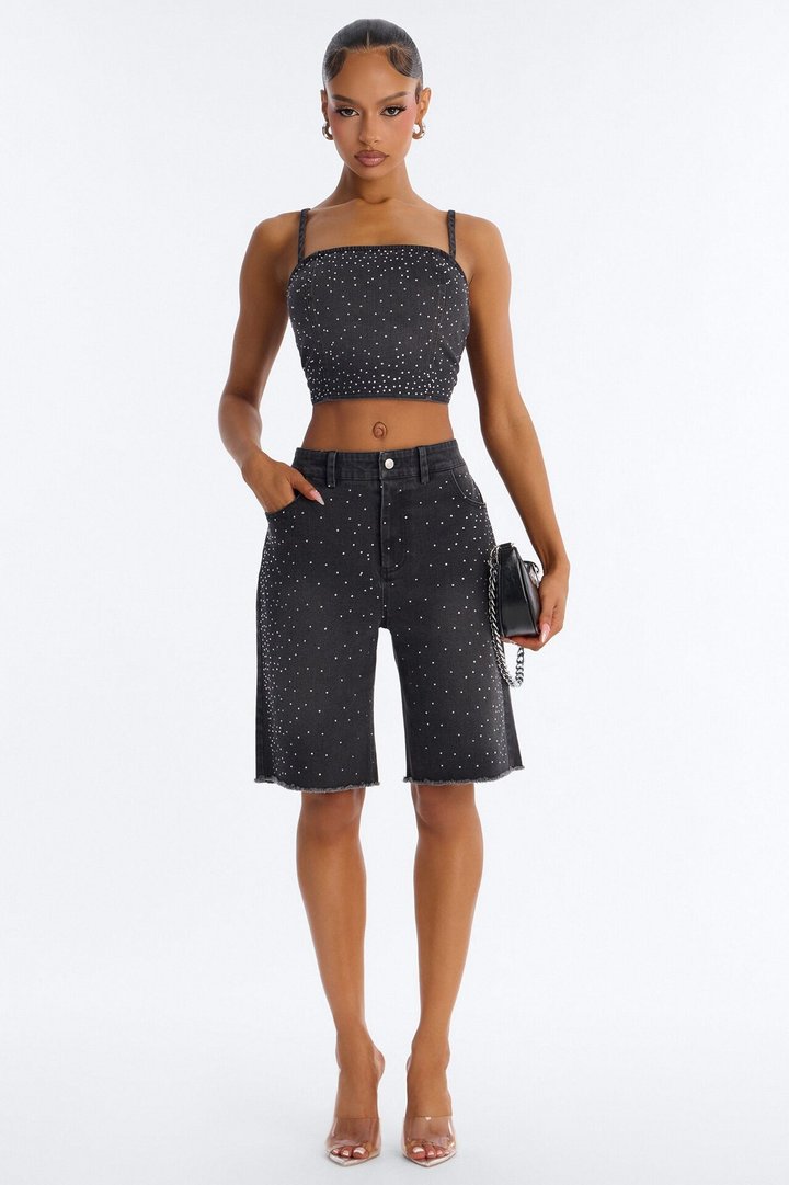 Breanna Rhinestone Denim Short Set - Black Wash