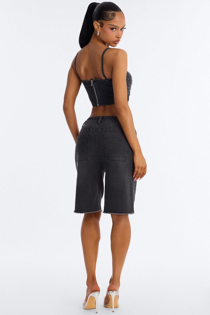 Breanna Rhinestone Denim Short Set - Black Wash