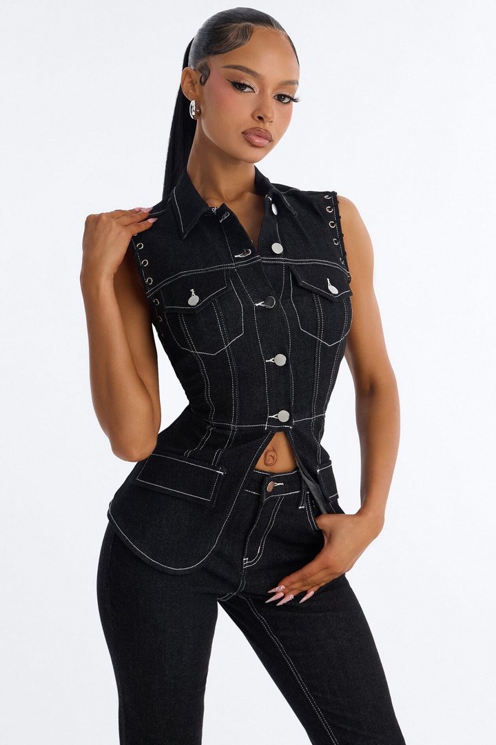 New Girl Denim Lace Up Capri Set - Dark Denim