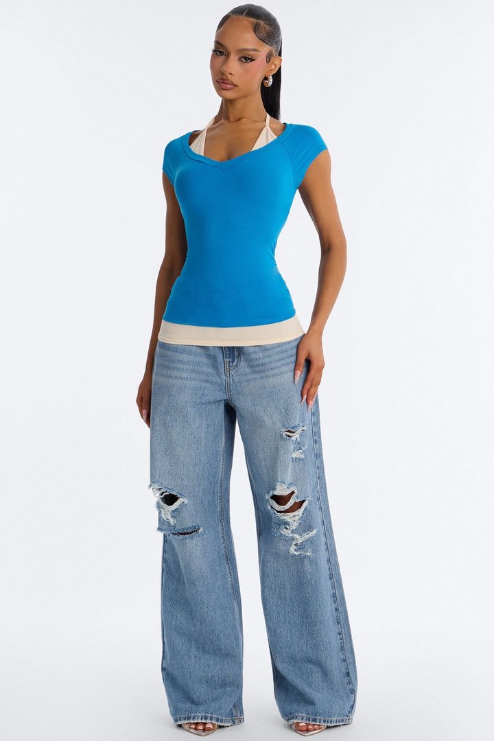 Summer Contrast Layered Short Sleeve Top - Blue/combo