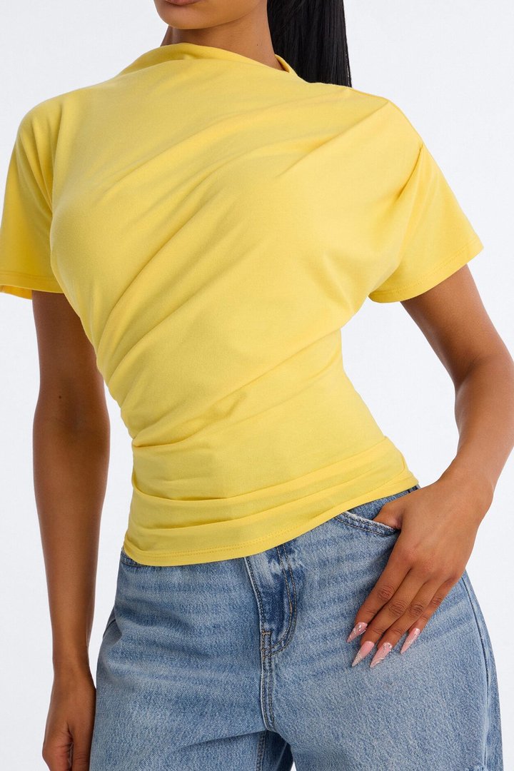 Janice Ruched Mock Neck Short Sleeve Tee - Butter Yellow