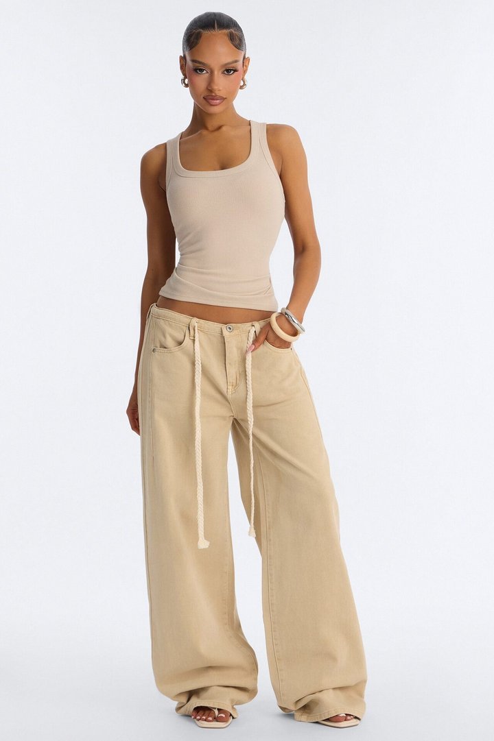 Sandstone Tie Waist Wide Leg Jeans - Khaki