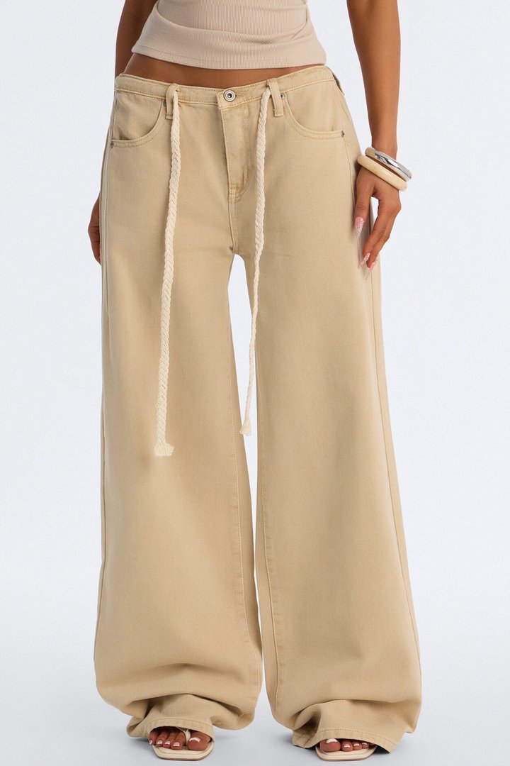 Sandstone Tie Waist Wide Leg Jeans - Khaki