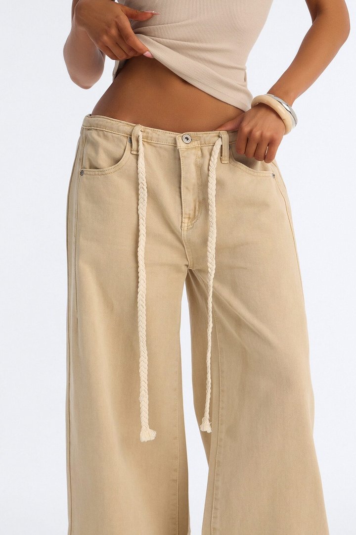 Sandstone Tie Waist Wide Leg Jeans - Khaki