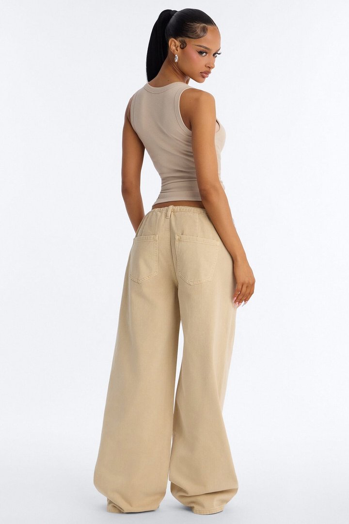 Sandstone Tie Waist Wide Leg Jeans - Khaki