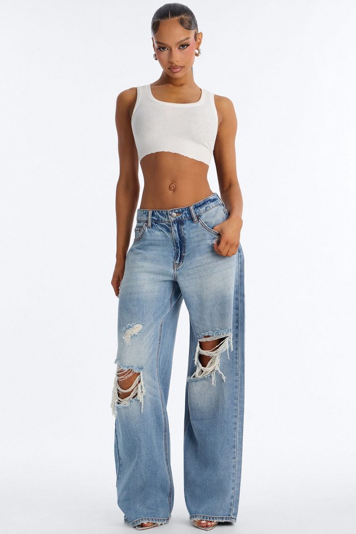 Delphine Ripped Wide Leg Jeans - Medium Wash