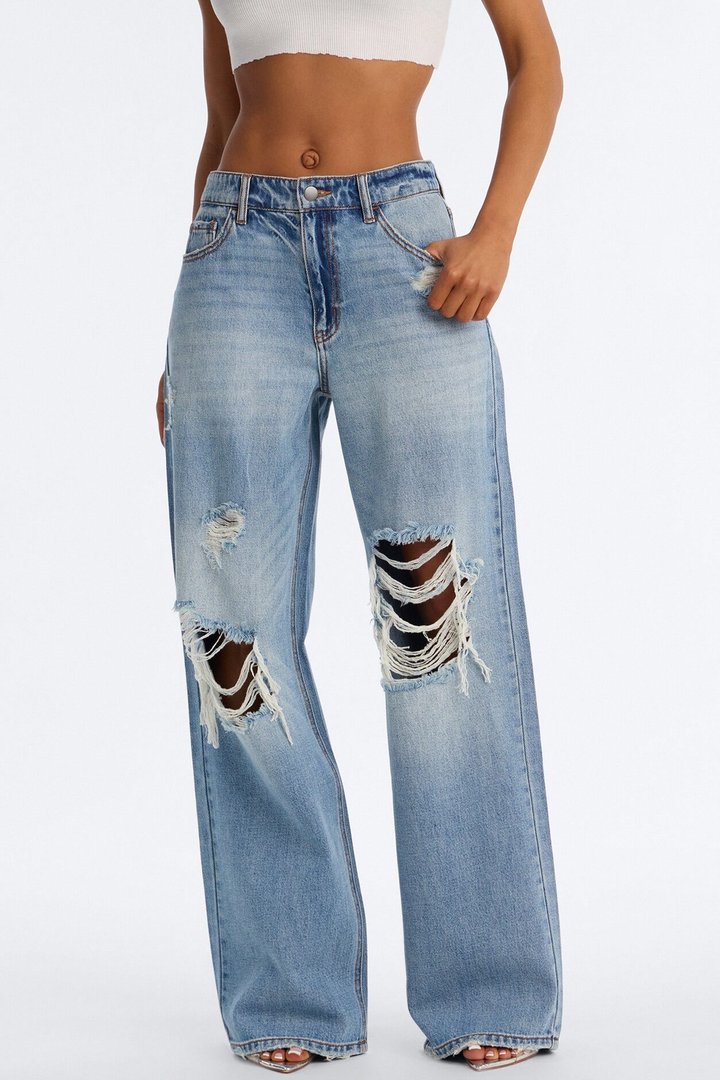 Delphine Ripped Wide Leg Jeans - Medium Wash