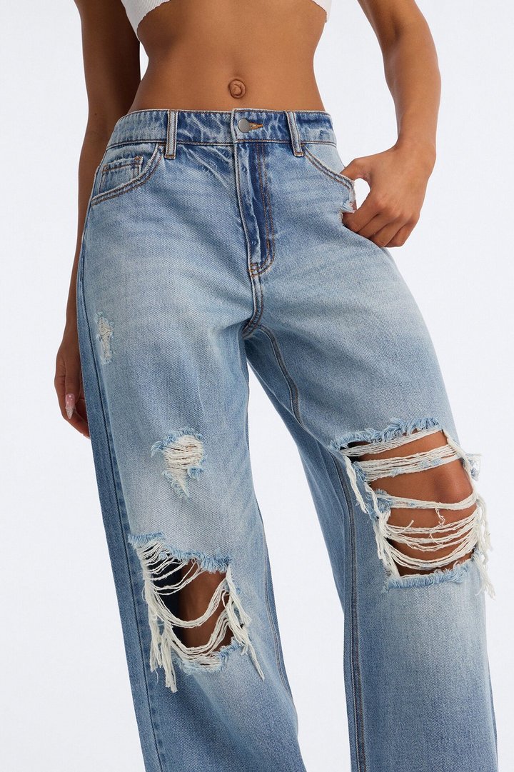 Delphine Ripped Wide Leg Jeans - Medium Wash