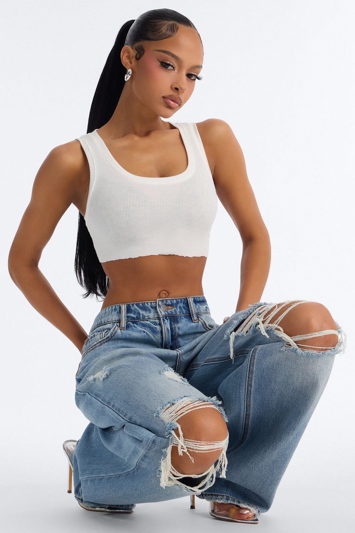 Delphine Ripped Wide Leg Jeans - Medium Wash