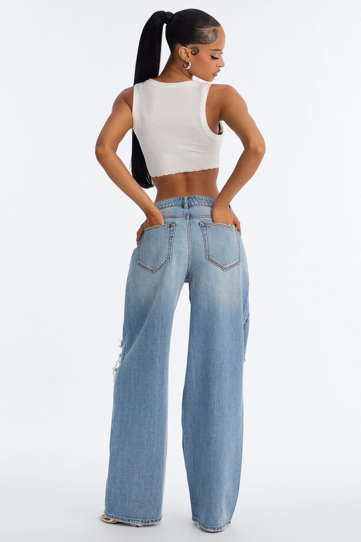 Delphine Ripped Wide Leg Jeans - Medium Wash