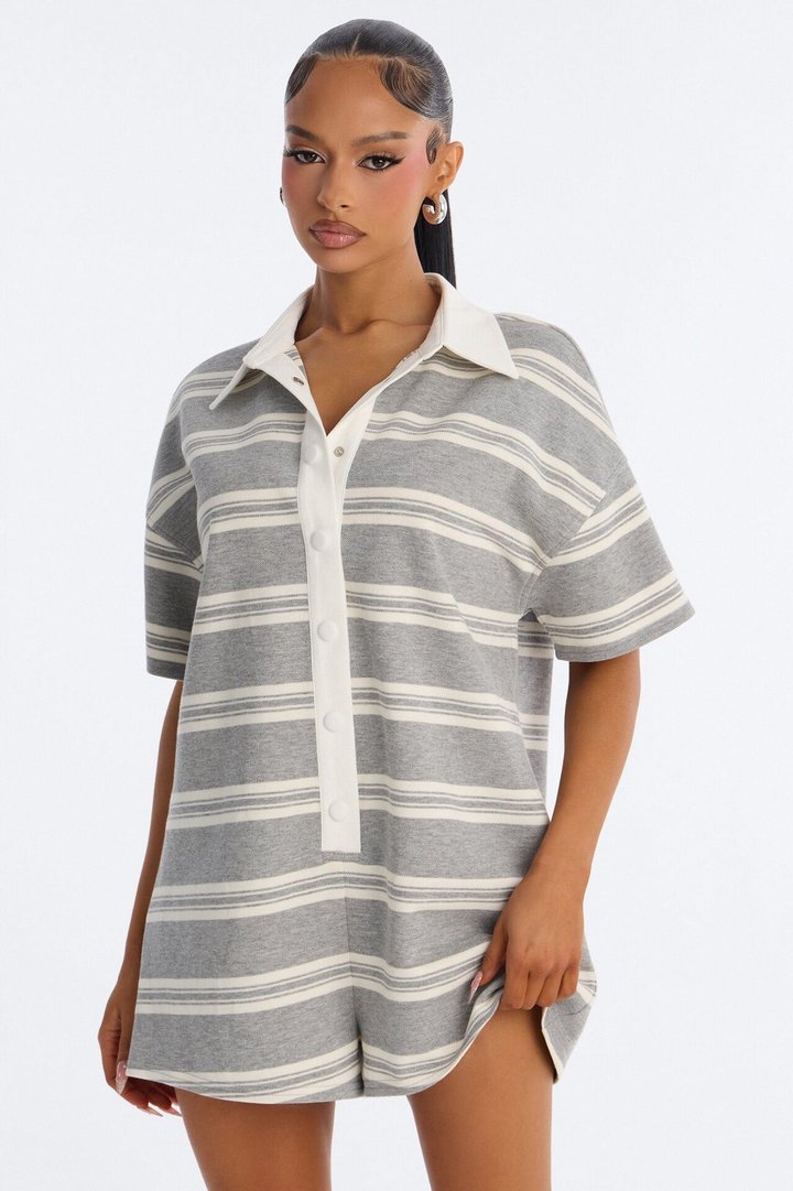 Kyla Striped Short Sleeve Polo Romper - Grey