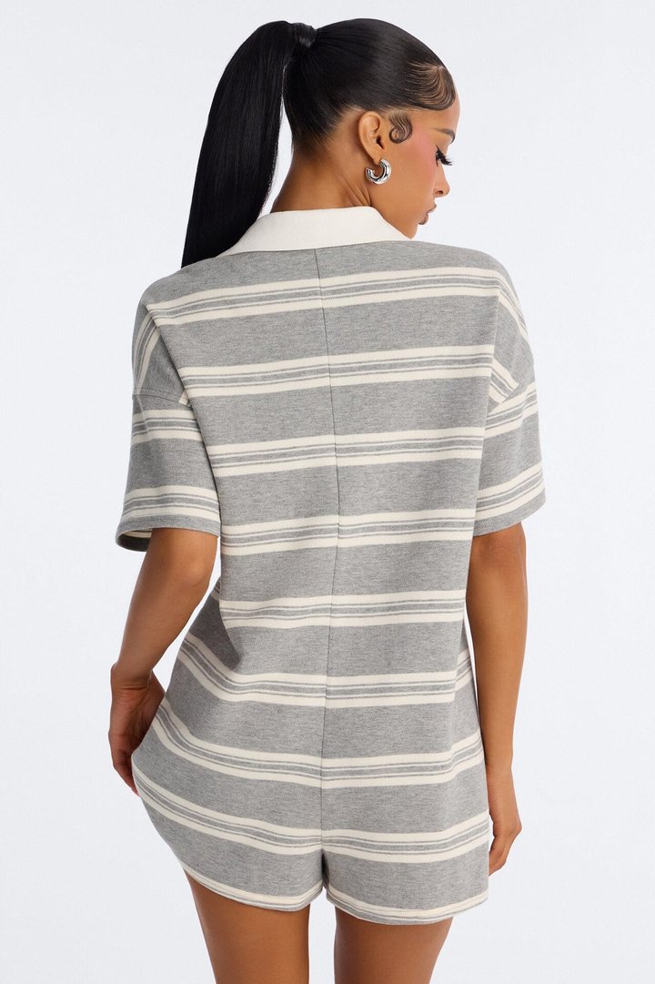 Kyla Striped Short Sleeve Polo Romper - Grey