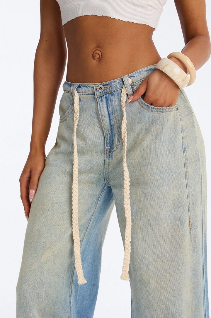 Rock The Boat Drawstring Baggy Jeans - Vintage Wash