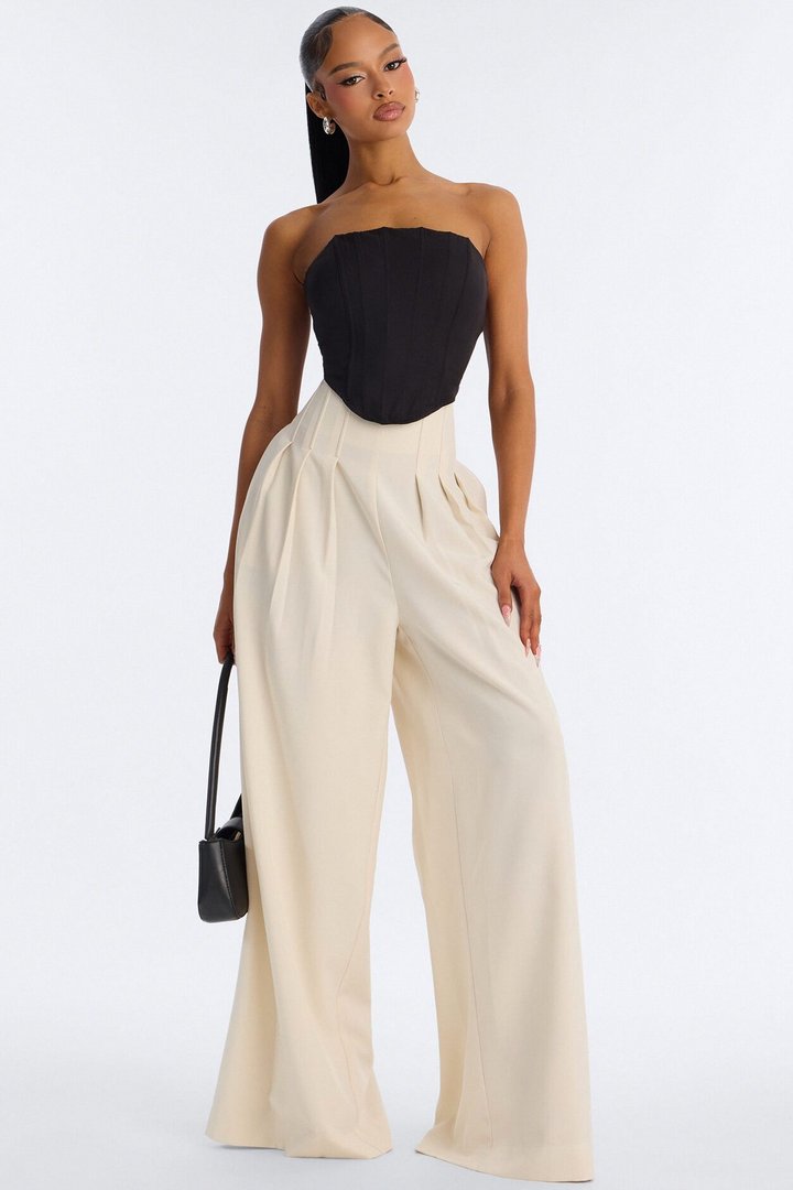 Talia High Rise Corset Waist Wide Leg Pant 33″ - Ivory