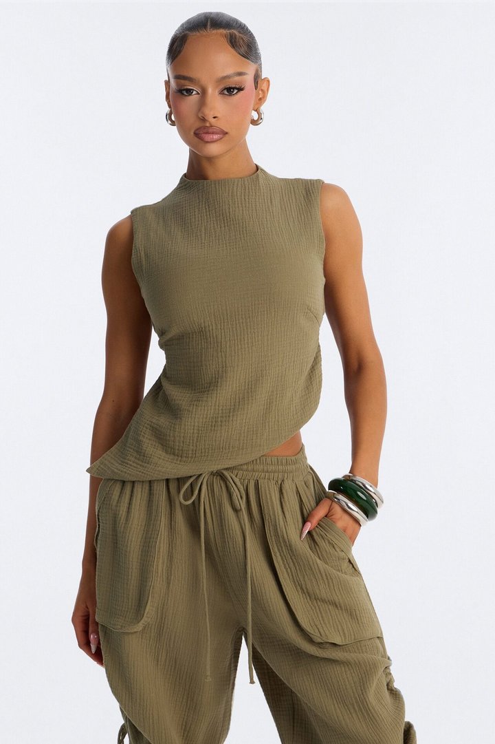 Hayden Backless Gauze Pant Set - Olive