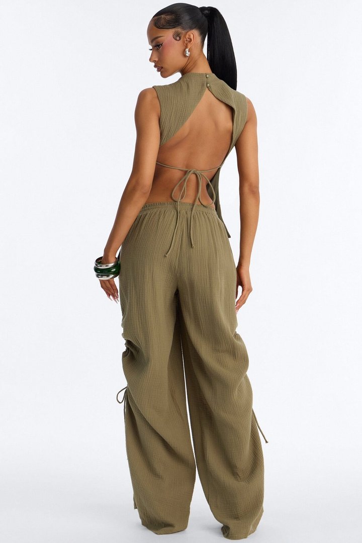 Hayden Backless Gauze Pant Set - Olive