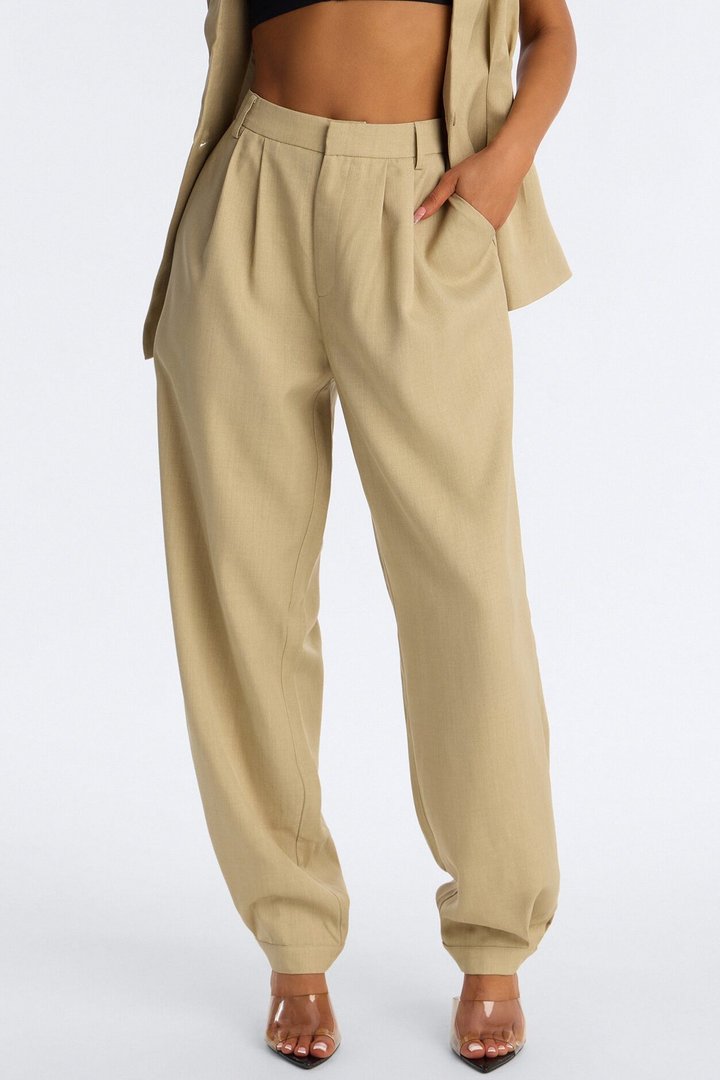 Christina Button Cuff Pleated Straight Leg Trouser - Sage