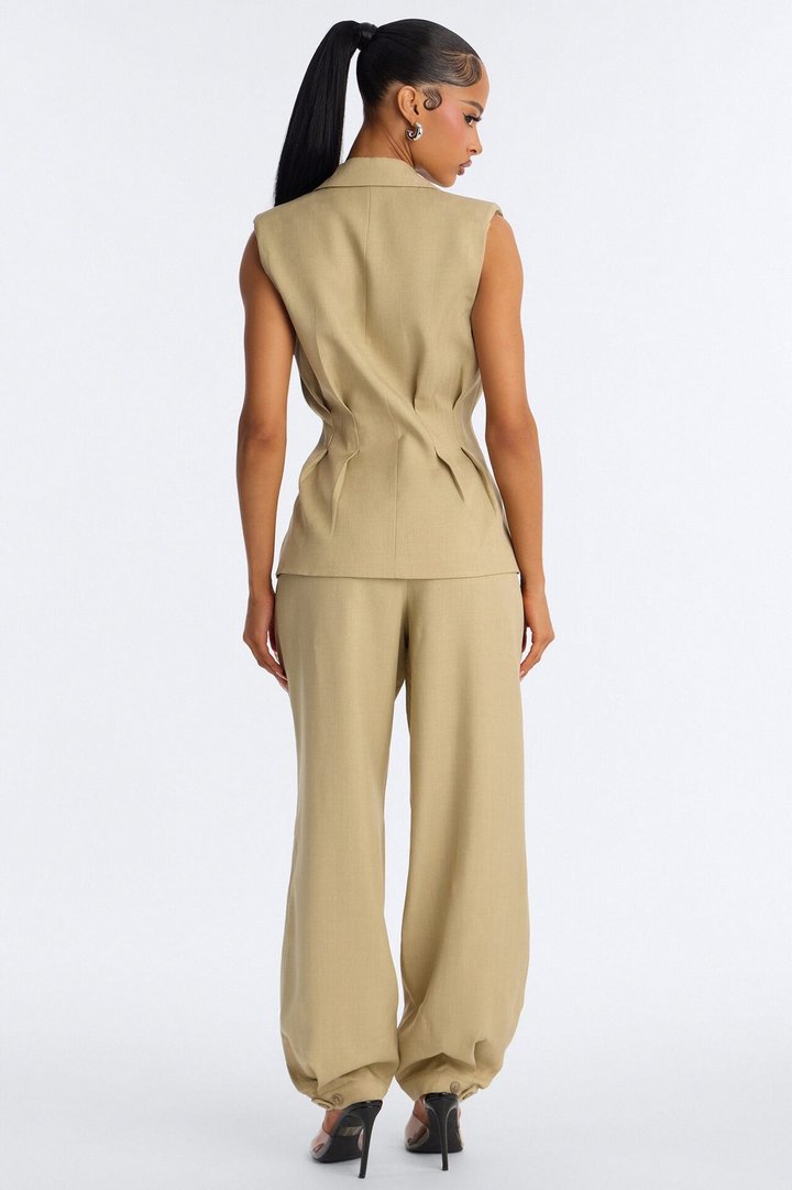 Christina Button Cuff Pleated Straight Leg Trouser - Sage