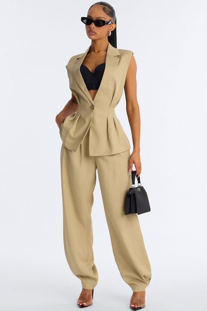 Christina Cinched Waist Pleated Blazer Vest - Sage