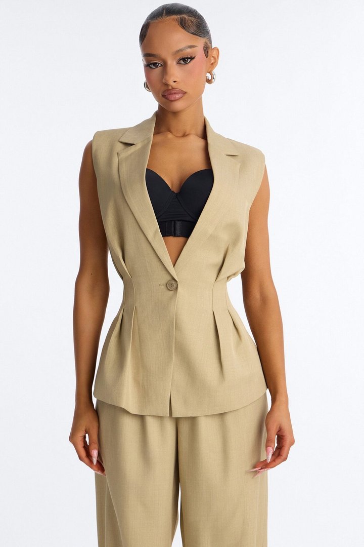 Christina Cinched Waist Pleated Blazer Vest - Sage