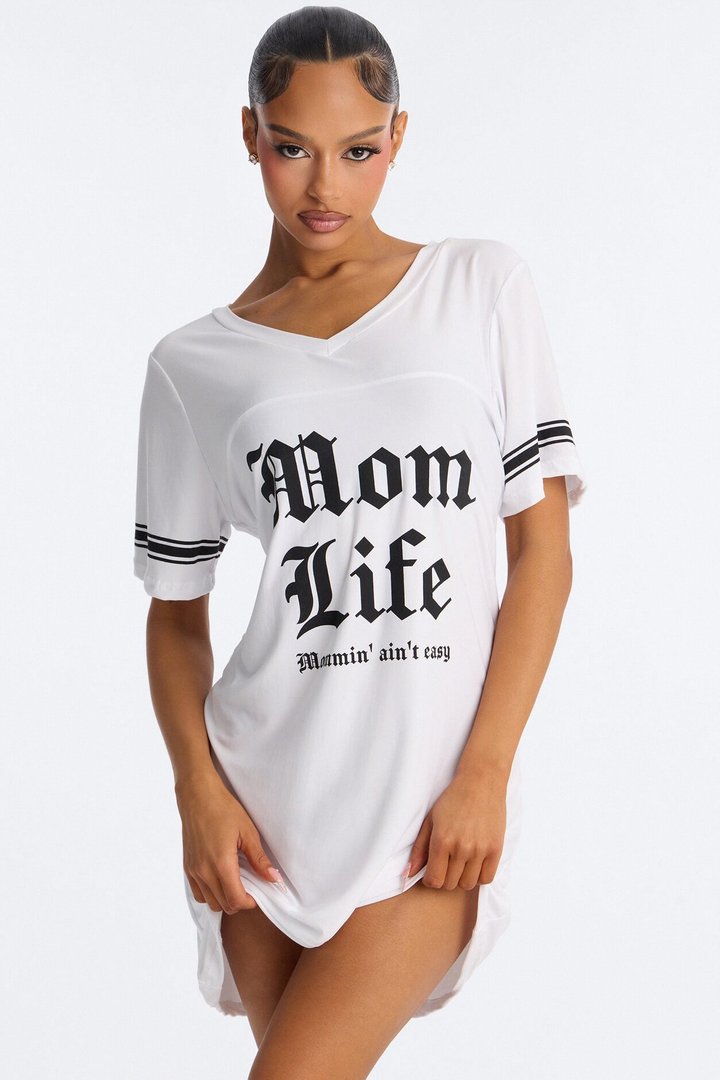 Mom Life Varsity PJ Dorm Shirt - White/Black