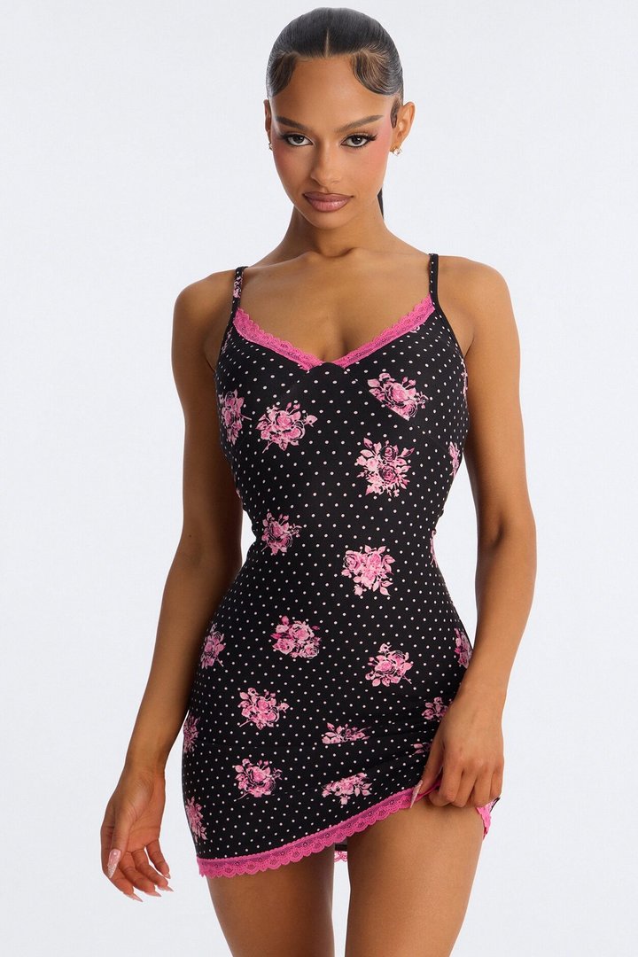 Sweet With An Edge Polka Dot Rose PJ Cami Sleep Dress - Black/combo