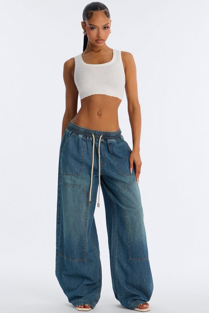 Around The World Linen Blend Pull On Jeans - Dark Wash