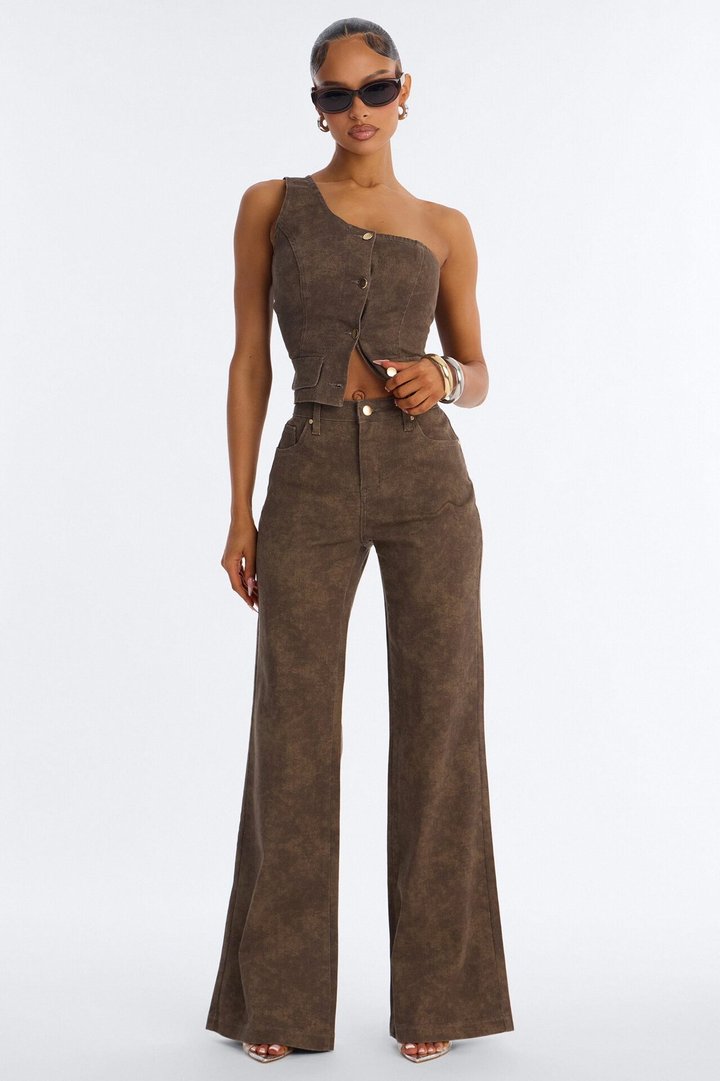 Nazari Denim Washed Flare Pant Set - Brown