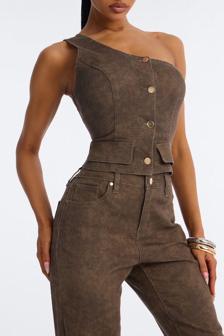 Nazari Denim Washed Flare Pant Set - Brown