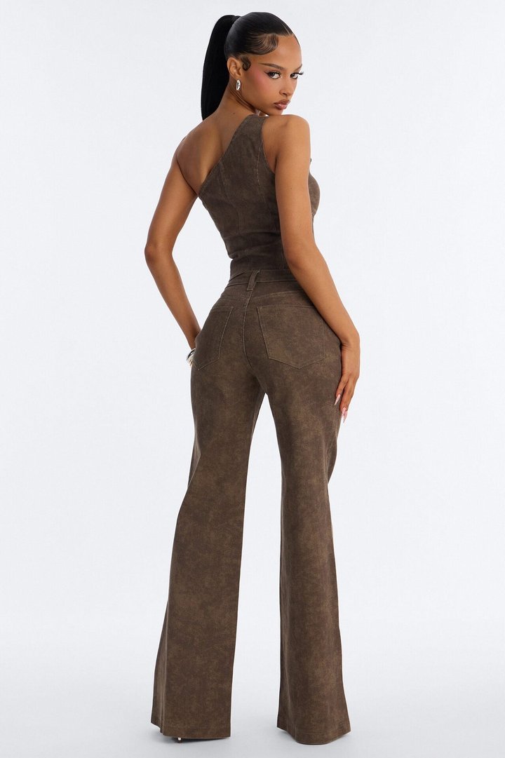 Nazari Denim Washed Flare Pant Set - Brown
