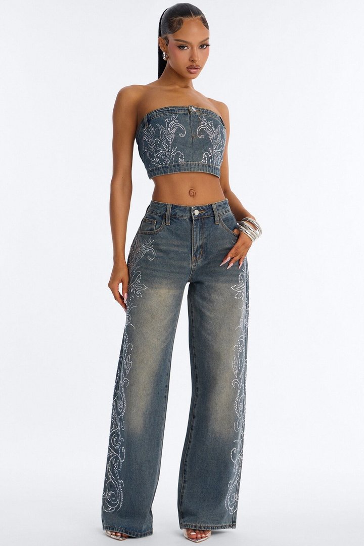 Trinity Denim Rhinestone Pant Set - Acid Wash Denim
