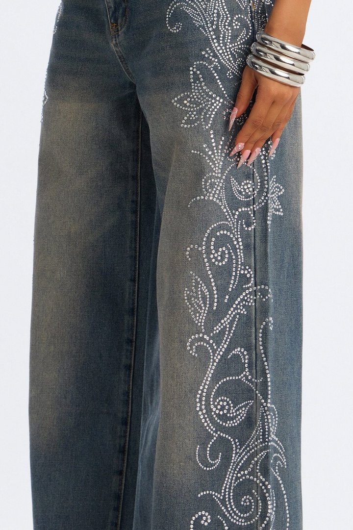 Trinity Denim Rhinestone Pant Set - Acid Wash Denim