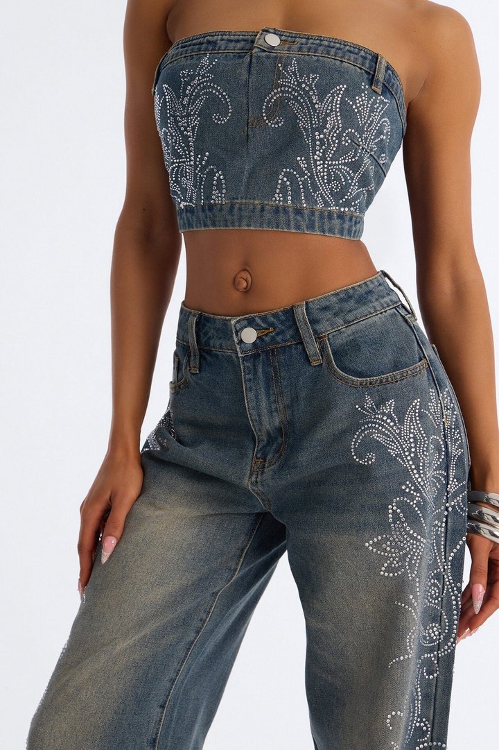 Trinity Denim Rhinestone Pant Set - Acid Wash Denim
