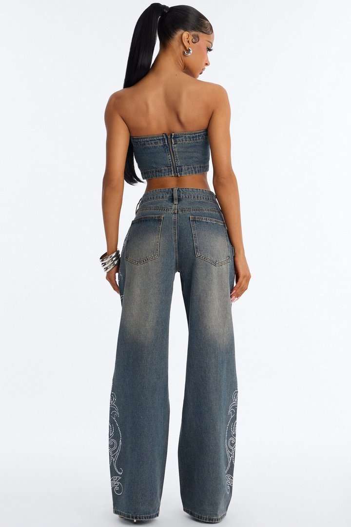 Trinity Denim Rhinestone Pant Set - Acid Wash Denim