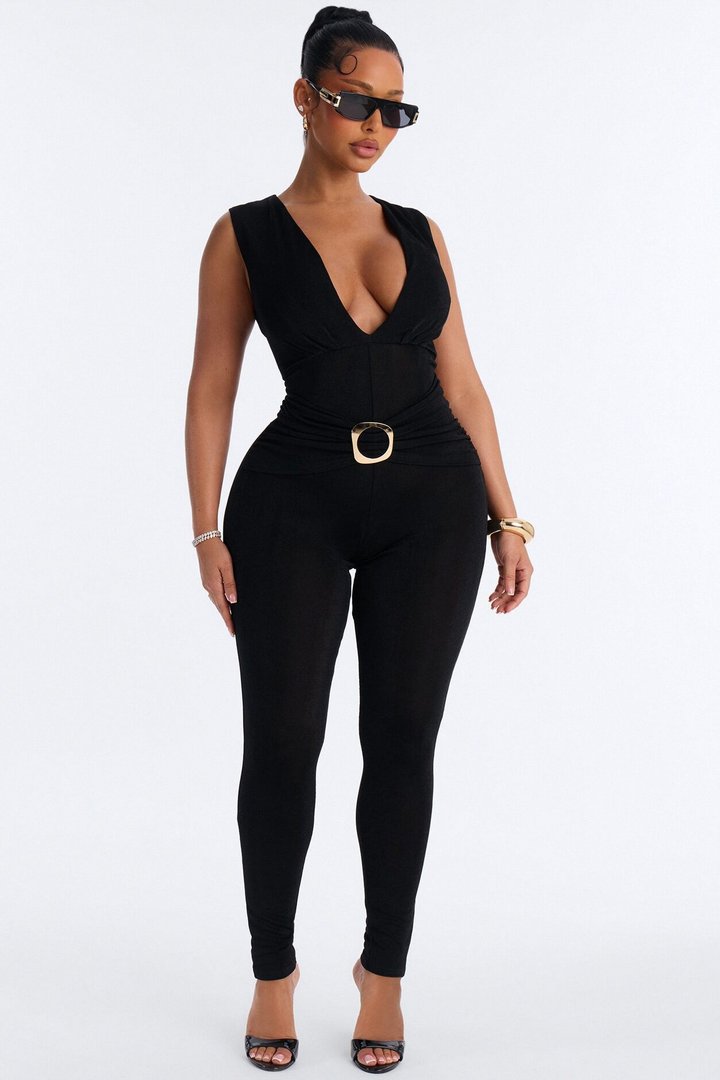 Serena Plunge Sleeveless Catsuit - Black