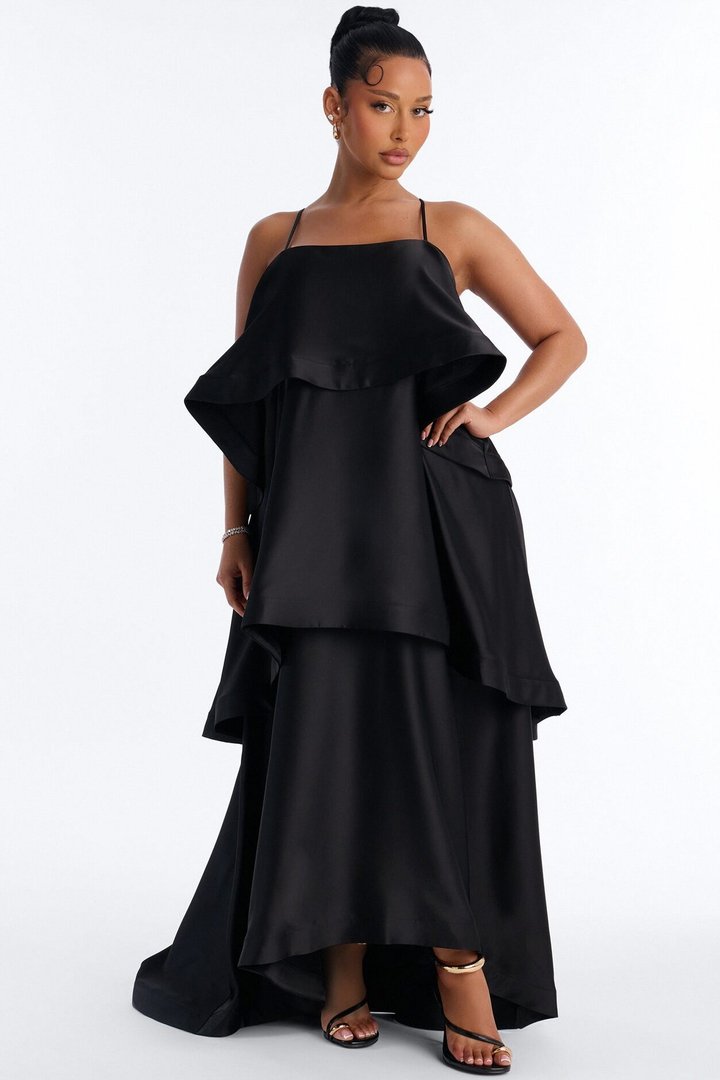 Rowen Tiered Satin Gown - Black