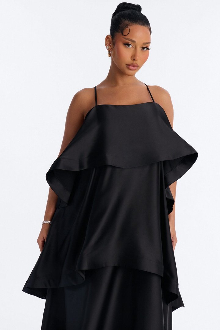 Rowen Tiered Satin Gown - Black