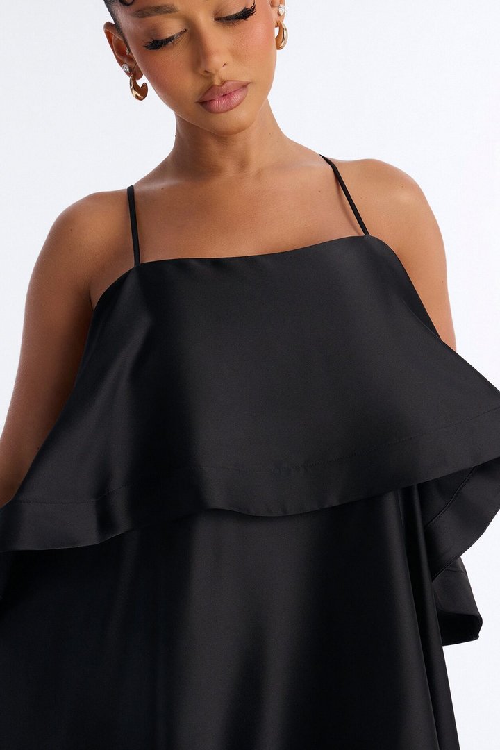 Rowen Tiered Satin Gown - Black