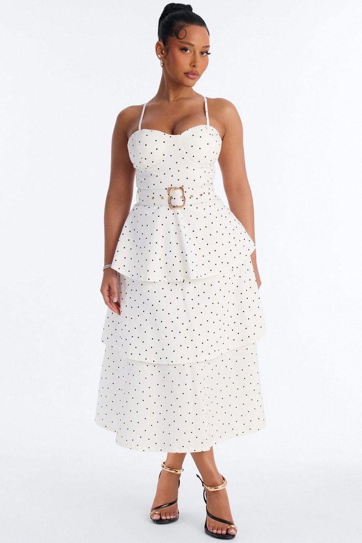 Jackie Ruffle Polka Dot Midi Dress - White/Black